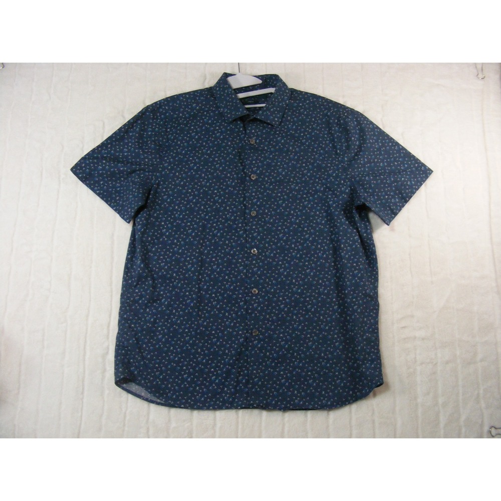 Perry Ellis Button Down Shirt Mens Medium Navy Blue Stretch Arrow Print